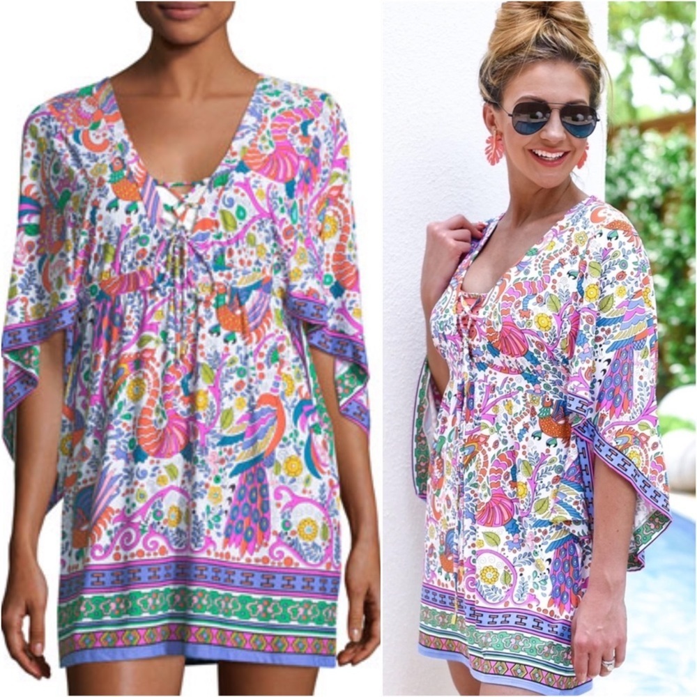 Trina Turk Jungle Beach multicolor lace-up neckline swim cover up M